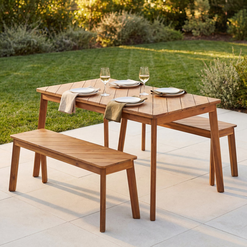 Ensemble de salle à manger de patio en bois d'acacia pour 4 personnes pour l'extérieur et l'intérieur, avec 2 bancs