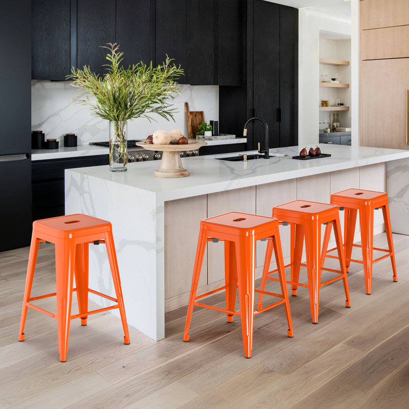Metal Bar Stools Set of 4, Counter Height Bar Stools 24 Inches Industrial Bar Chairs Patio Stool Indoor-Outdoor Counter Height Stools with Square Seat