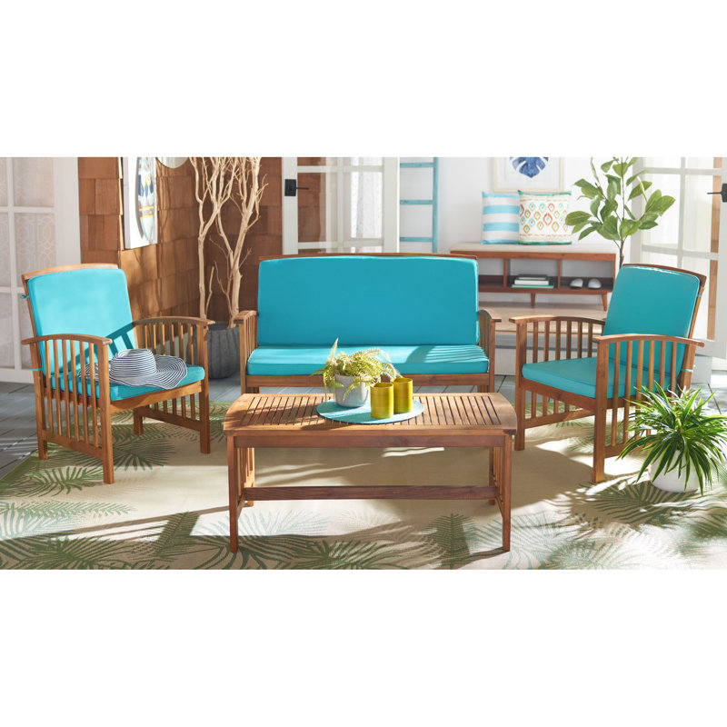 Delosreyes Acacia 4 - Person Patio Conversation Set with Cushions, Natural Frame/Aqua Cushion