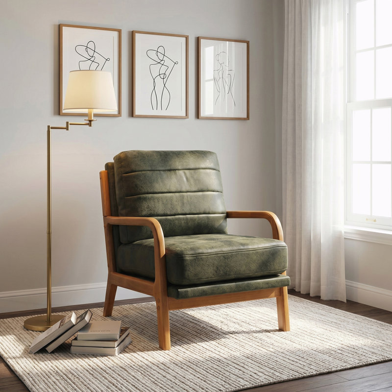 Fauteuil en bois, Tissu vert olive