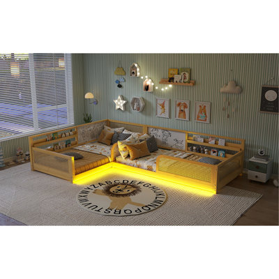 Cadre de lit simple en forme de L pour 2 enfants, lits convertibles détachables avec tableaux blancs, lit pour enfants en rotin avec bibliothèques et lumières, naturel