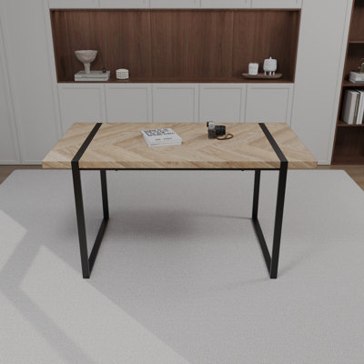 , 59" 1.5", 4 - 6, Mid Century Dining Table With Stain Wood And Black Metal Frame, Can Seat 6 People In Kitchen Dinners