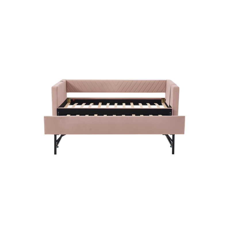 Lit de jour simple rembourré avec lit gigogne, port USB, poches latérales, dossier à motif en V moderne, aucun sommier nécessaire, pour chambre à coucher, chambre d'amis (rose, simple)