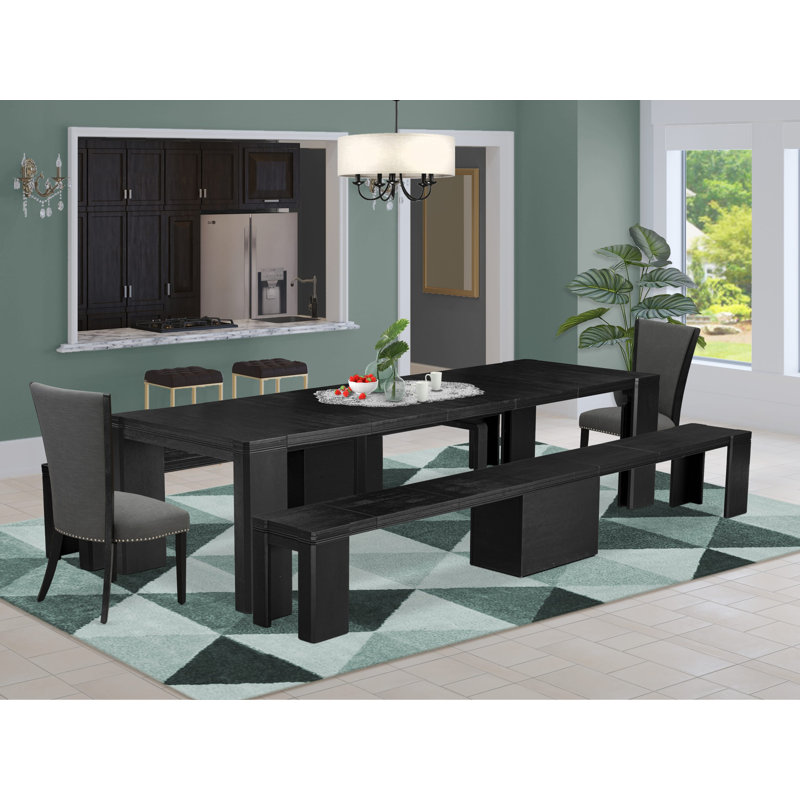 Ensemble de table de salle à manger 5 pièces comprenant une table de salle à manger rectangulaire, 2 bancs en bois et 2 chaises en tissu gris foncé Gotham, noir brossé