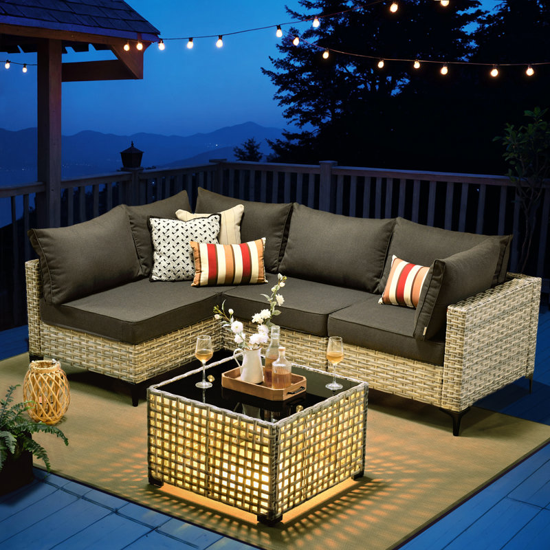 Emroy 4 - Person Outdoor Wicker Sectional Seating Group with Lighted Coffee Table, Modern Modular Rattan Conversation Set with Cushions