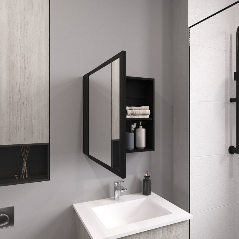 Armoire à pharmacie à miroir H 21,1 po x l 19,7 po pour salle de bain et cuisine, porte-serviettes de cuisine à 4 tablettes avec branchement noir