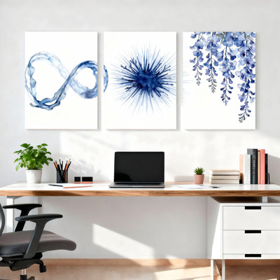 Ensemble de 3 tableaux muraux sur toile tendue, aquarellés bleus, représentant le symbole de l'infini, une étoile et des fleurs de glycine.