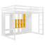Lit mezzanine en bois pleine grandeur avec garde-robe, tablettes et armoire, blanc et jaune