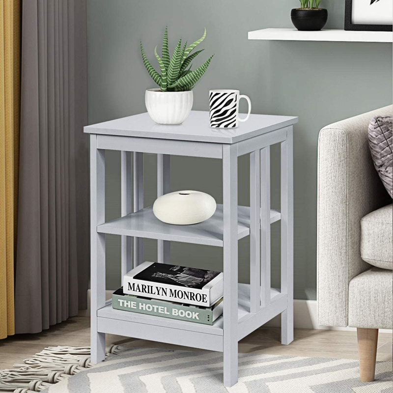3-Tier Wooden End Table with Side Bars, Gray