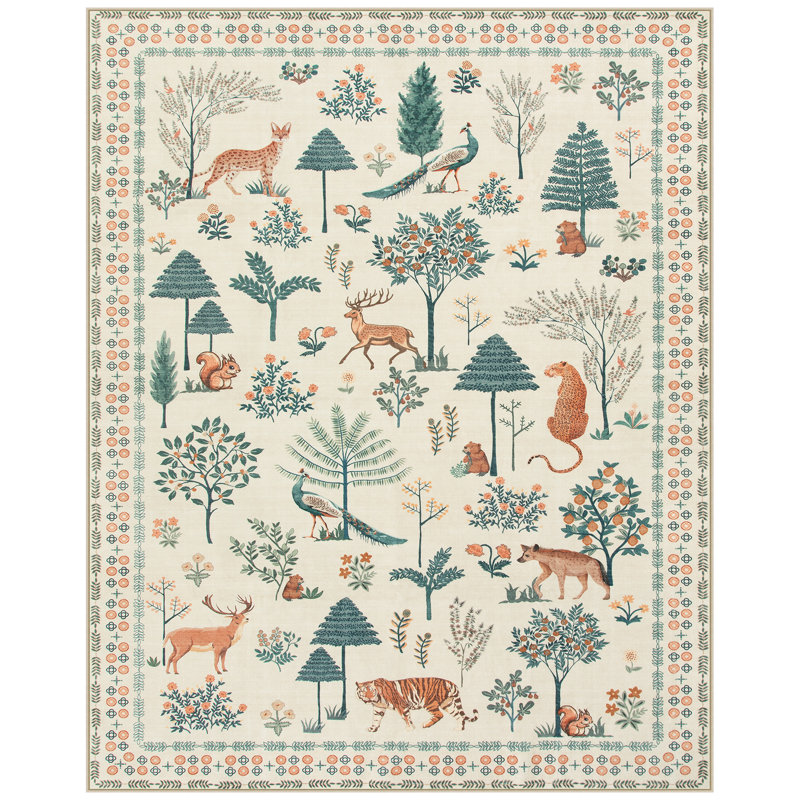 Garbrand Jungle Animal & Floral Washable Beige 8X10 Area Rugs - Ultra Thin Non Slip Rug For Living Room Bedroom Kids Room / Nursery