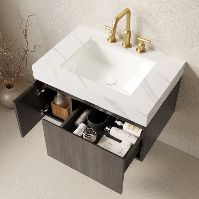 Meuble-lavabo de salle de bain 30 po MURI, armoire de rangement flottante en contreplaqué avec tiroir et porte, plateau en pierre frittée blanc Carrara et lavabo en céramique avec 3 trous de robinet pré-percés, pré-assemblé, grain de bois espresso