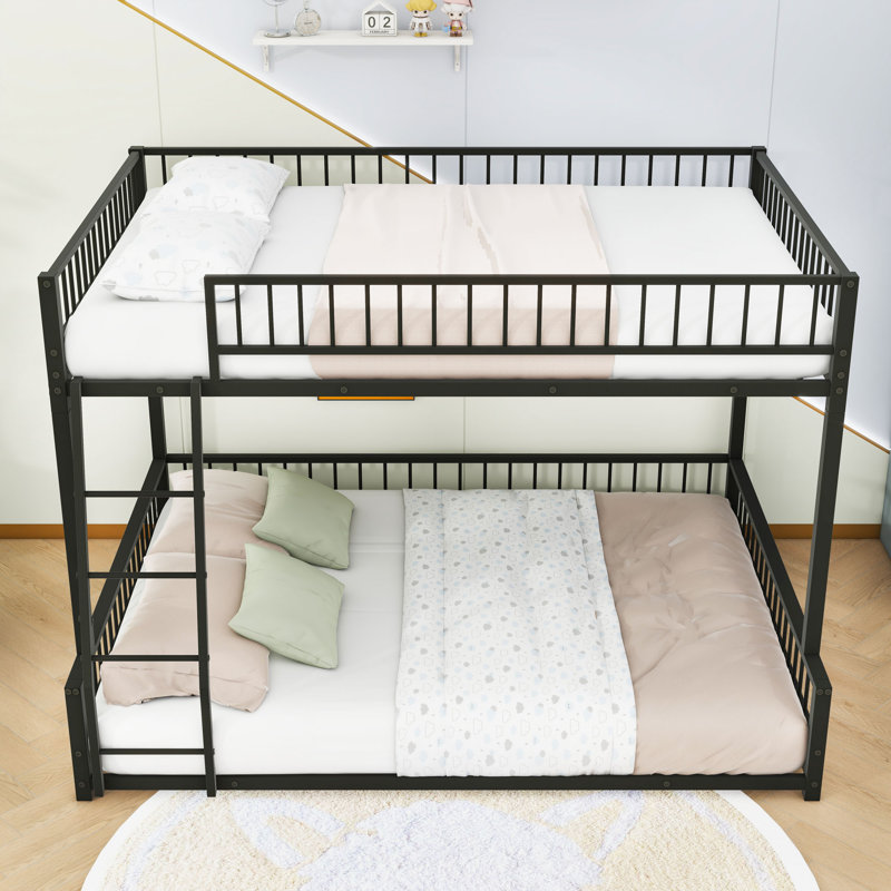 Bunk Bed Frame With Ladder And Guardrails, Black, Full XL over Queen