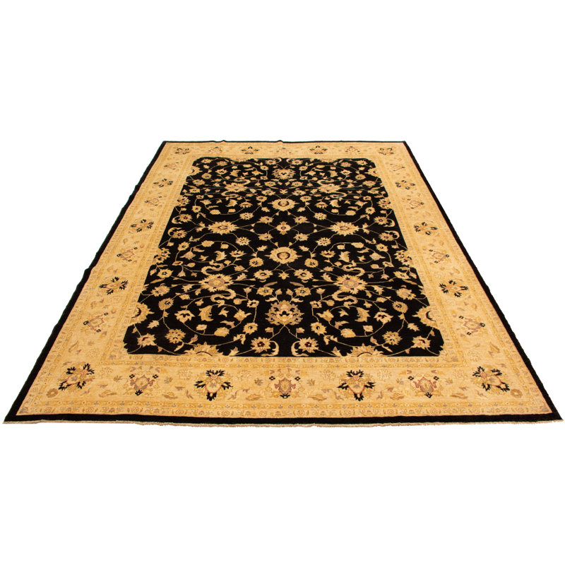 Tapis noir en laine noué à la main de conception unique 10 pi x 13 pi 5 po New Age