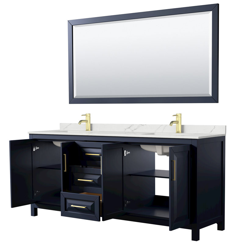 Daria 80 in. with Mirror Vanity, White Quartz, Blue, Brushed Gold
