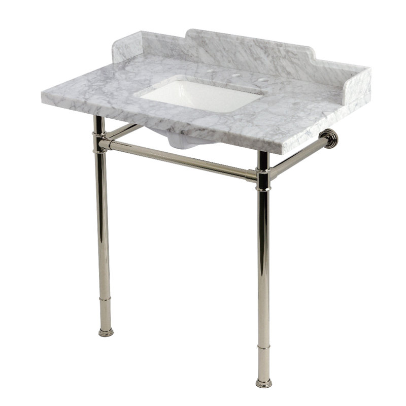 Kingston Brass Wesselman 36-Inch Carrara Marble Console Sink with Stainless Steel Legs (8-Inch, 3-Hole), Polished Nickel