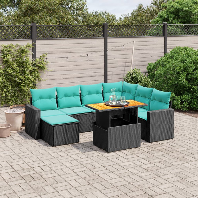 Ensemble de canapé de patio 8 pièces avec coussins d'extérieur en rotin de polyester noir contemporain, Bleu, Noir