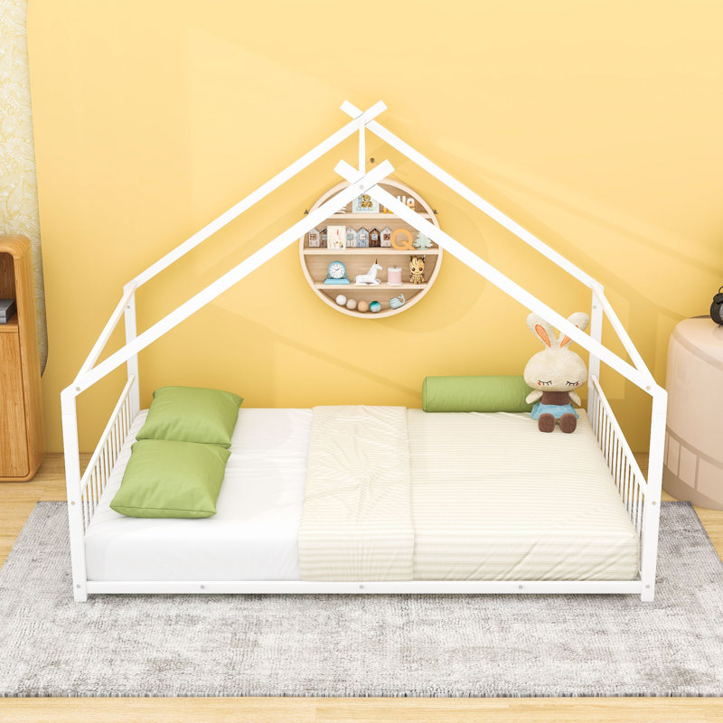 Metal House Bed With Roof And Sturdy Slats, Full, White