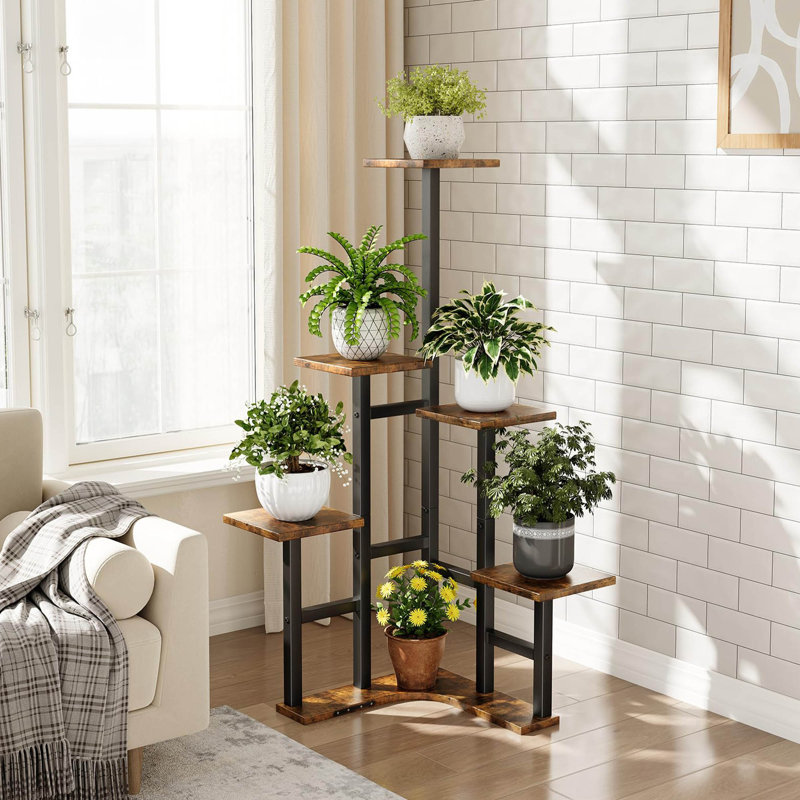 Support pour plante à 6 niveaux, tablette d'intérieur en forme de L pour plusieurs plantes, présentoir à fleurs en métal brun rustique pour le salon, le balcon, le patio