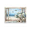 Vintage Ocean View Window Canvas Wall Art, High-Resolution Print With Fresh Blue Hydrangeas And Butterflies, Rustic Style Decor For Bathroom, Bedroom, Office Framed
