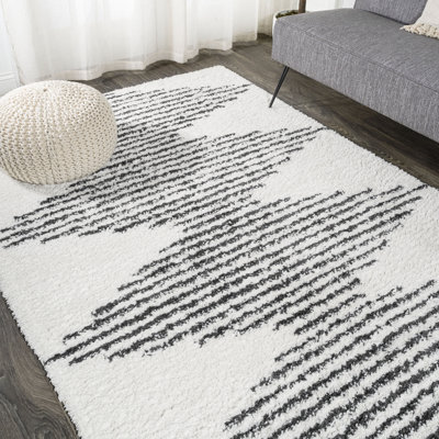Collenn Diamond Stripe Geometric Shag White/Gray Rug