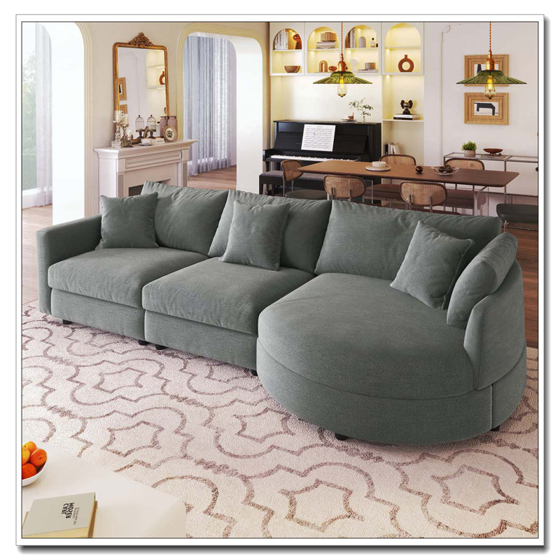 Canapé modulaire en tissu chenille 3 pièces 105 po avec méridienne incurvée et 3 coussins décoratifs 105 po, Beige
