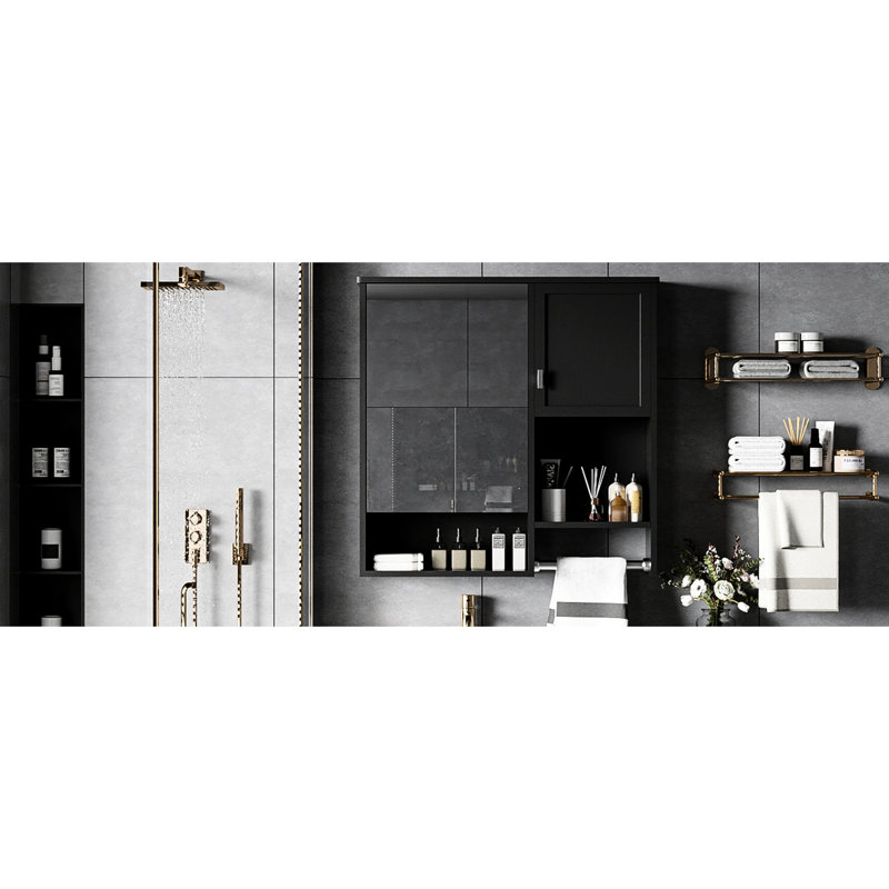 Armoire à pharmacie de salle de bain murale 29 po x 28 po, tablette réglable, miroir en verre Hd, hauteur de la tablette de miroir moderne Space Saver, matériaux, économie, noir