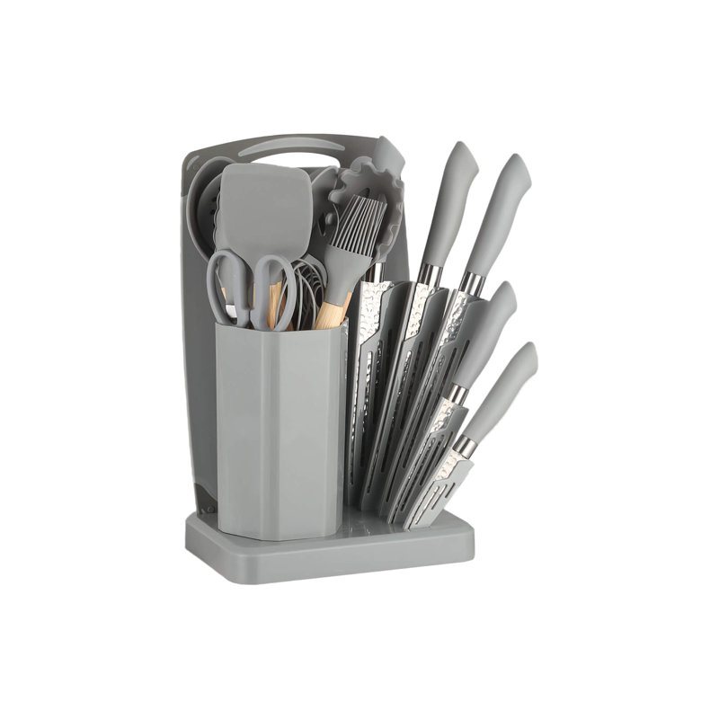 Ensemble de 15 couteaux et ustensiles de cuisine moderne avec panier de rangement rotatif à 360 ° - Comprend des couteaux en acier inoxydable, des outils en silicone et un taille-crayon