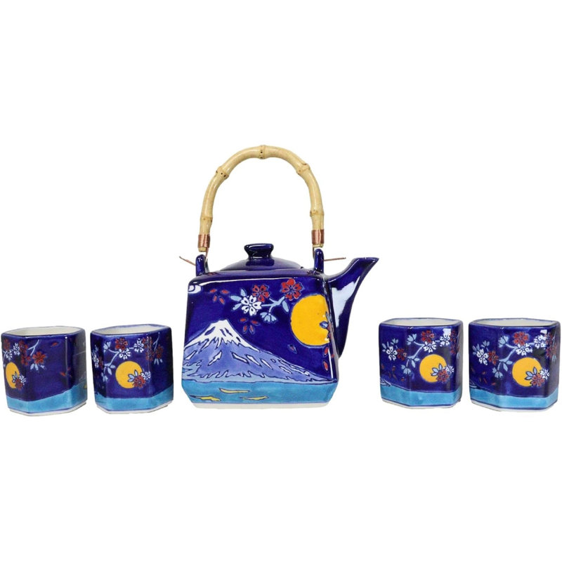 Ensemble théière hexagonale bleue en céramique avec 4 tasses à thé Blue Mount Fuji