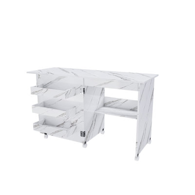 Table de couture pliante 4-en-1 avec roues verrouillables - Poste de travail multifonctionnel, table de bout, bureau d'ordinateur et rangement de cuisine avec tablettes, table de machine à coudre roulante blanche pour appartements
