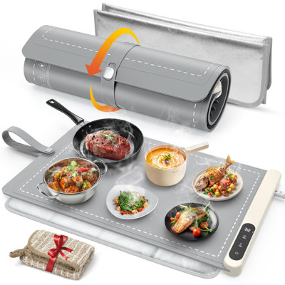 Tapis chauffant pour aliments avec coussinet résistant à la chaleur, protège le comptoir des fissures, garde les plats au chaud, chauffe rapidement et uniformément, 6 niveaux de température, minuterie 6 h, tapis chauffant portatif enroulable gris (version améliorée).