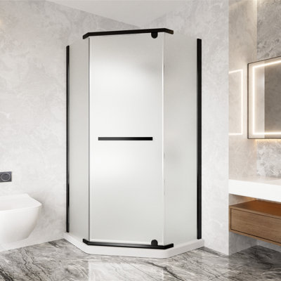 P 38 po x H 76 po Porte de douche 1/4 po ANSI en verre trempé givré, porte de douche sans cadre facile à nettoyer avec barre à serviettes réversible à gauche ou à droite.