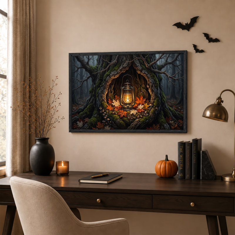 Lanterne lumineuse dans un creux d'arbre moussu avec toile murale d'automne et d'Halloween, 32"H x 48"W