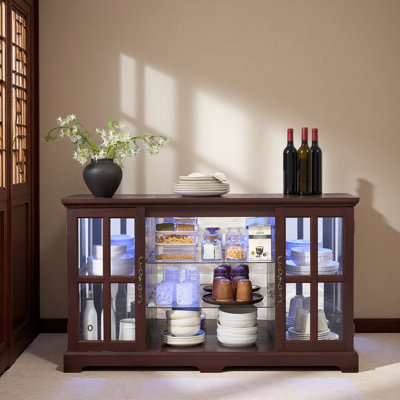 Armoire basse à 2 portes avec treillis latéral et poignées rétro, 2 tablettes réglables à 2 niveaux, armoire de rangement en verre multifonctionnelle pour la salle à manger, le salon, la chambre à coucher, le salon