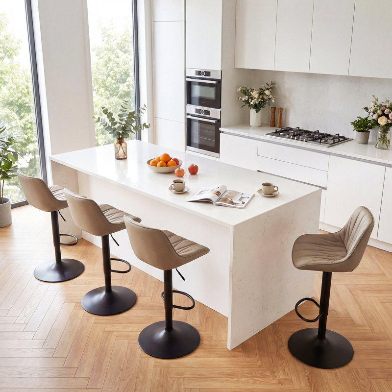 Modern Height Adjustable Swivel Bar Stools Upholstered Leather Barstool Kitchen Island Chairs With Metal Frame, Khaki