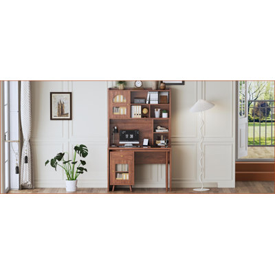 Bureau avec bureau rotatif à 90 °, 43 po x 70 po, tiroir de rangement, armoires et amp; Tablettes, noyer moderne | Bois d'ingénierie