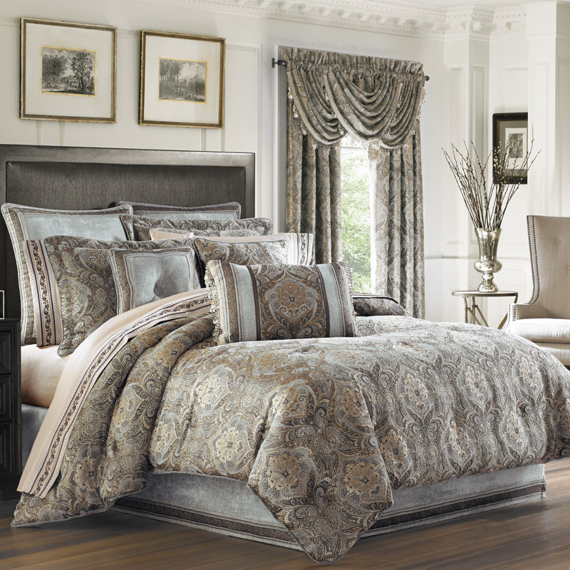 Queen Blue Microfiber Gathered Embellishment Bedding Set