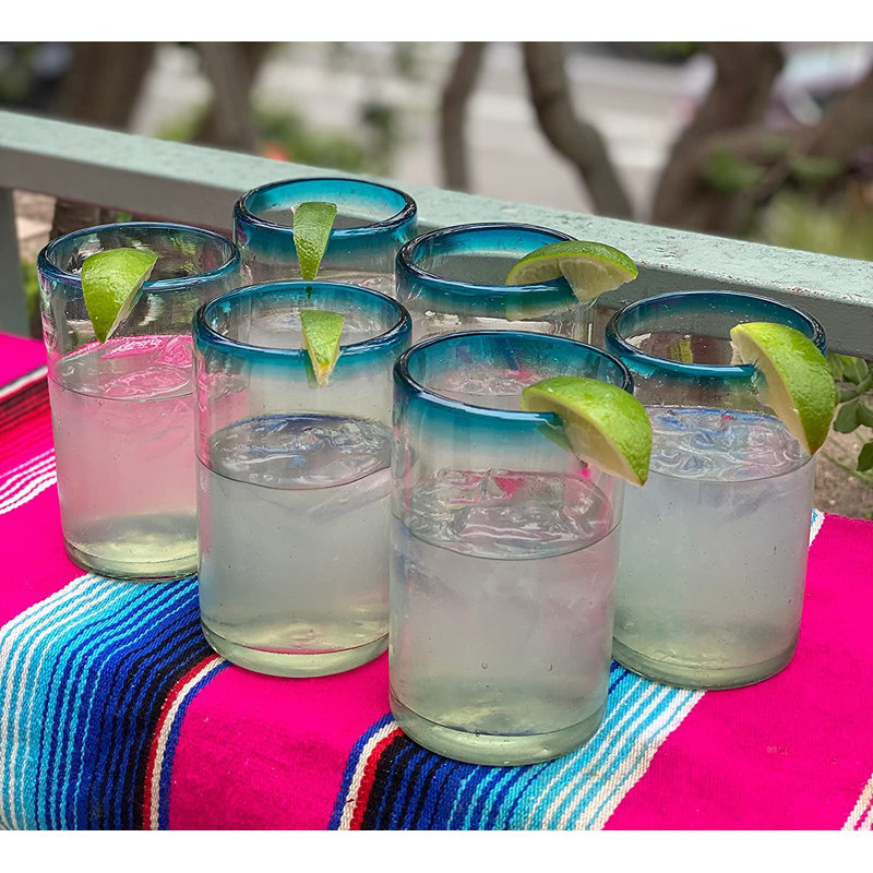Hand Blown Mexican Drinking Glasses - Aqua Rim 14 Oz.