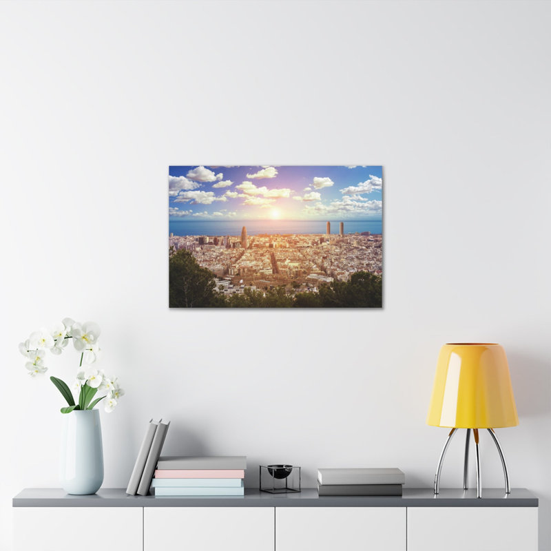 «Barcelona Daytime Skyline», toile d'art à couper le souffle, paysage urbain époustouflant, H 12 po x l 18 po