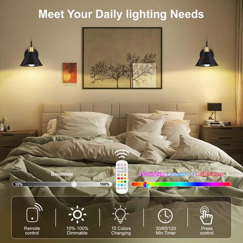 Modern Armed Wall Sconce Remote Control Dimmable Black Fixture Metal Shade RGB Color Change for Living Room Bedroom, Black