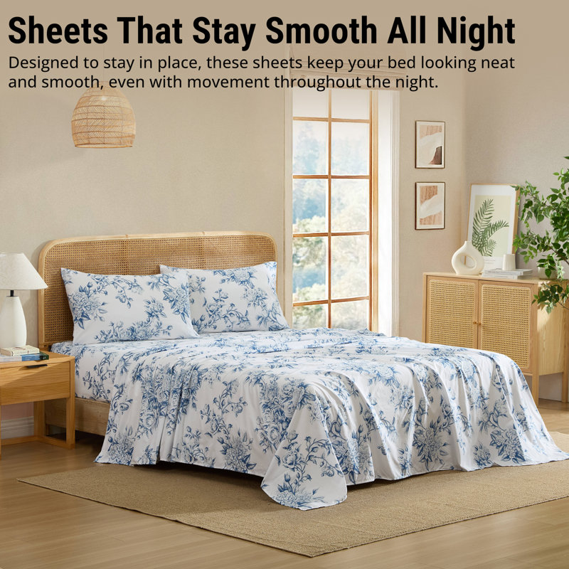 Queen Blue Floral Microfiber Bed Sheet Set