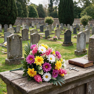 Premium Artificial Silk Chrysanthemum Cemetery Grave Flowers, Outdoor Memorial Floral Arrangement with Vase and Ground Spike, Multi-Color Pink Tribute for Headstone Decoration, 24 Inch Tall