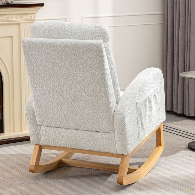 Chaise berçante décorative avec repose-pieds à haut dossier en bois d'hévéa, Blanc