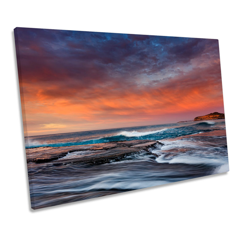 Seascape Orange Sunset Beach - Wrapped Canvas Print, 91.4cm H x 137.2cm W x 4cm D