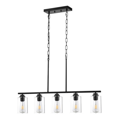 5-Light Kitchen Island Pendant Lights, 60W, Adjustable Dining Room Light Fixture With Clear Glass Lampshade 4 Rods 2 Metal Chains, Metal Frame Farmhouse Linear Chandeliers For Dining Room, E26