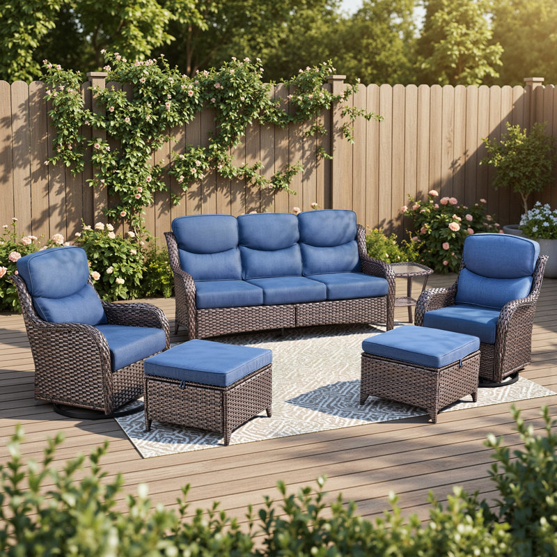 Ensemble de conversation de jardin en rotin pour 5 personnes avec repose-pieds, Bleu, Brun