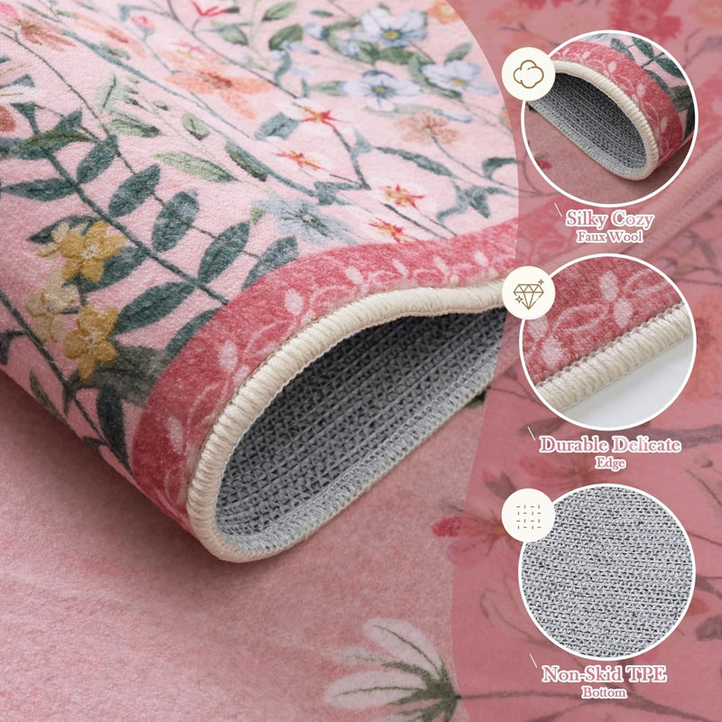 Tapis floral rose lavable 6 x 9 avec envers antidérapant Floral, Rectangle 6 pi x 9 pi
