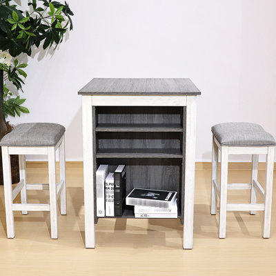 Comptoir 3 pièces, conception rustique, assemblage facile, bois massif +, plateau blanc délavé, tabourets confortables, tablettes latérales, rangement intégré, assemblage rapide avec style moderne, construction, installation,