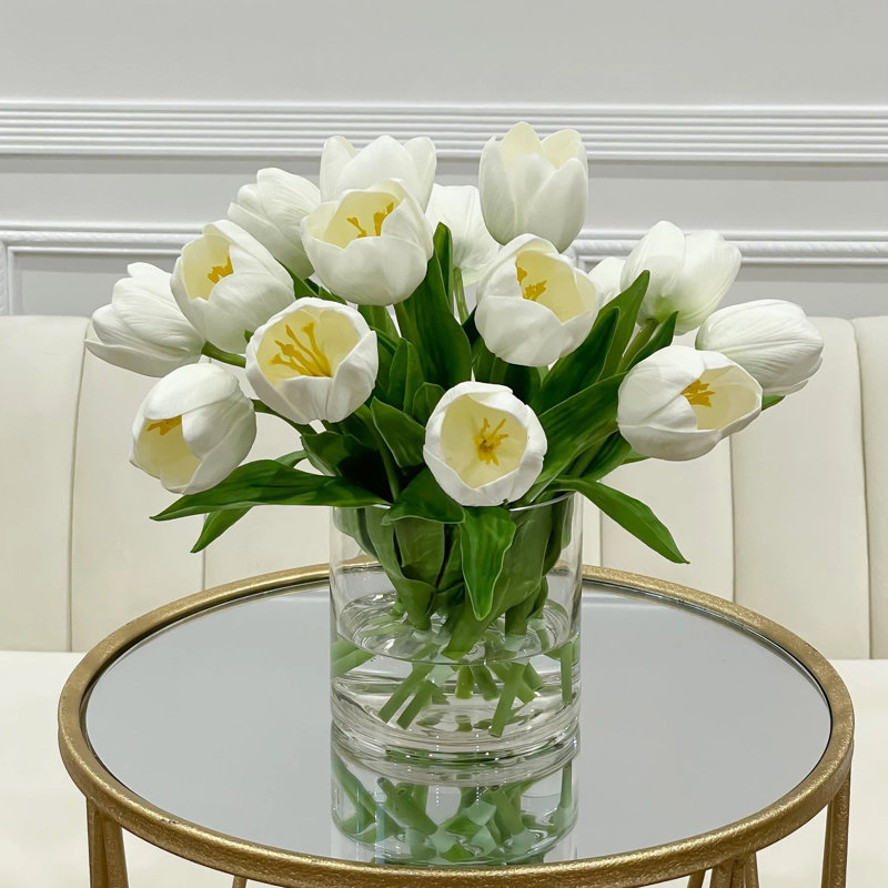 White Tulips Centerpiece In Glass Vase