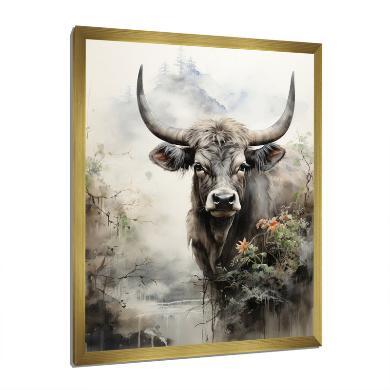 Bedriye, art asiatique, vache Sumi - impression, H 44 po x l 34 po x P 1,5 po, Encadrement doré