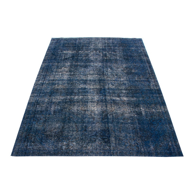 Tapis bleu foncé en laine noué à la main de conception unique 7 pi 3 po x 11 pi 6 po Norig